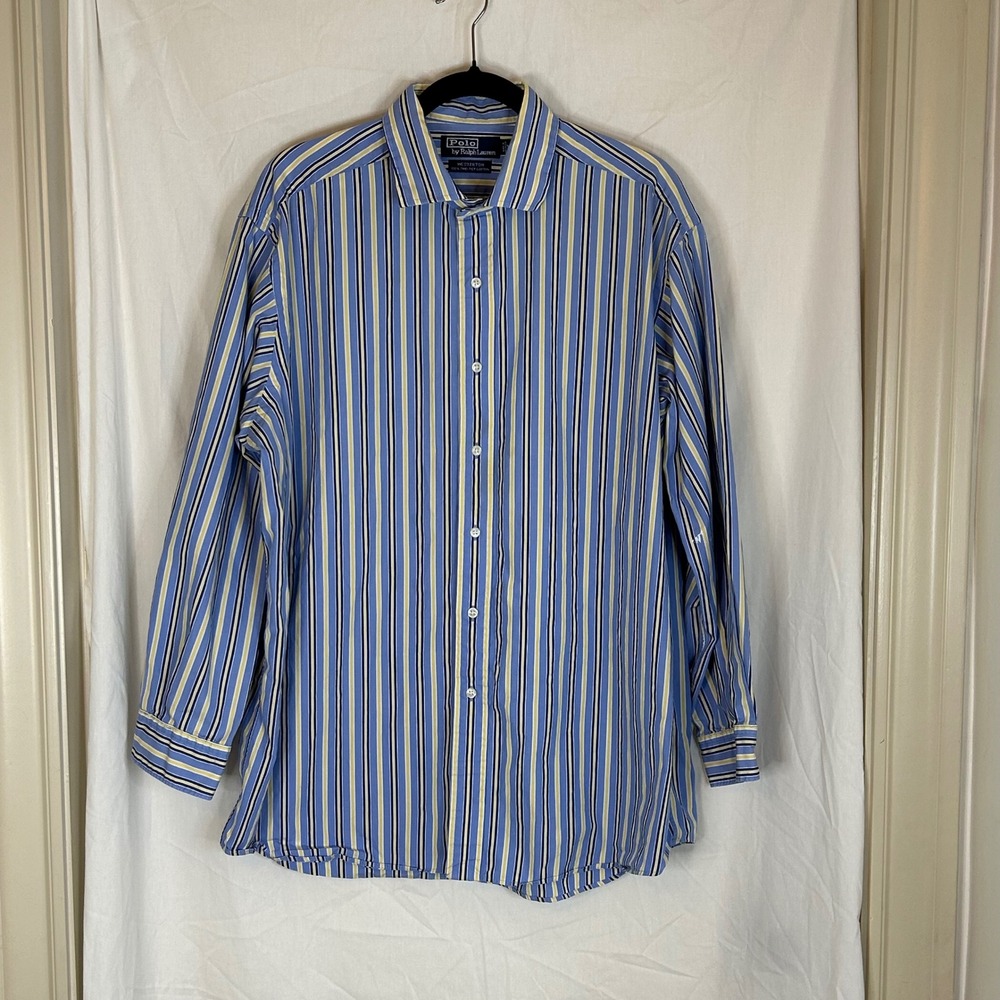 Polo‎ by Ralph Lauren Two-Ply Cotton Westerton Striped Blue Button Down Shirt XL